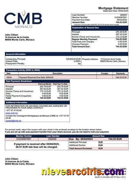Monaco Compagnie Monégasque de Banque (CMB) mortgage statement Word and PDF template